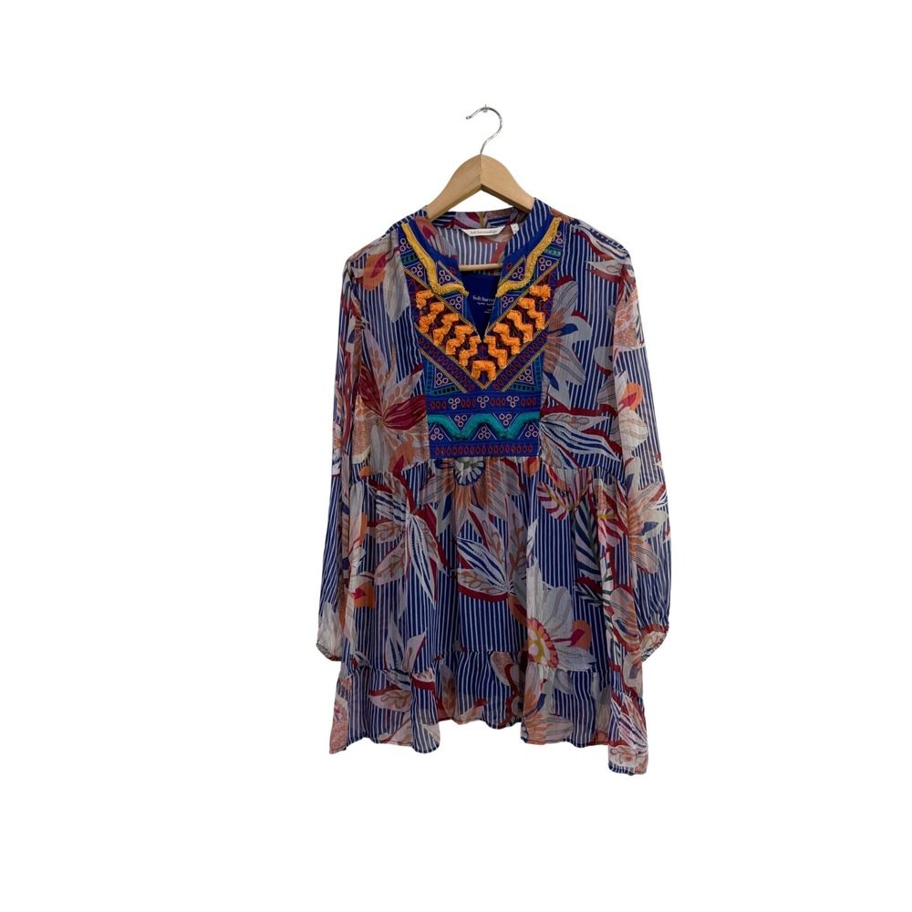 Soft Surroundings Sheer Tory Tunic Blue Floral Striped Embroidered Boho Large